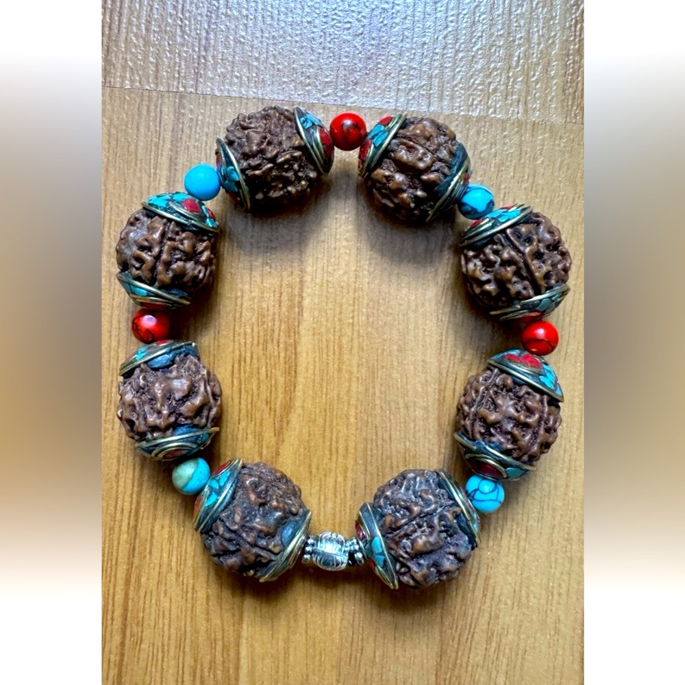 Vintage 2 Rudraksha Beads Yoga Bracelets Capped With Inlay Turquoise & Coral. - Picture 2 of 7
